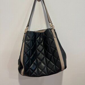 Coach Quilted Smooth Calf Leather Black Back with Taupe Trim